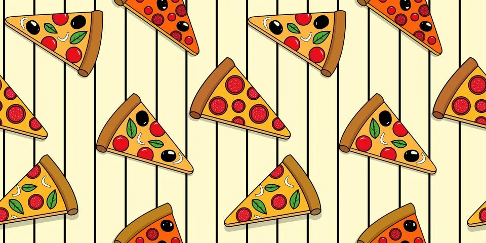 Seamless Pizza Slice Pattern with Pepperoni, Olives, Basil, and Cheese on a.. Stock Illustration