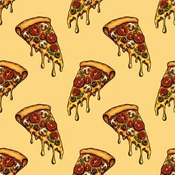 Seamless pizza slice pattern in pop art comic style 库存插图