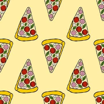 Seamless pizza slice pattern with yellow background Stock Illustration