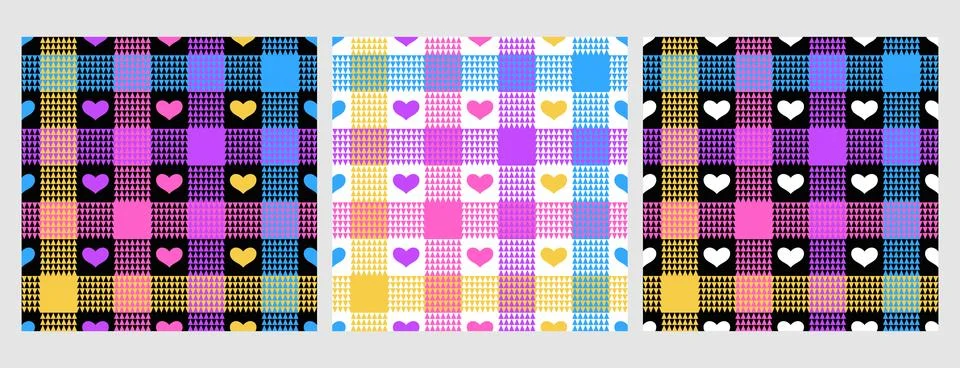 Seamless plaid pattern with cute hearts, gingham check geometric texture 스톡 일러스트
