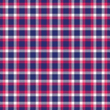 This seamless plaid pattern features a vibrant navy blue, red, and white ge.. Stock Illustration