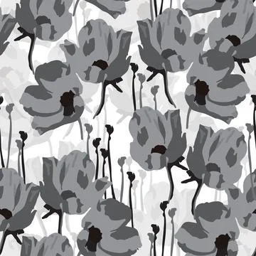 Seamless plants pattern background with abstarct monochrome flowers , greetin Stock Illustration
