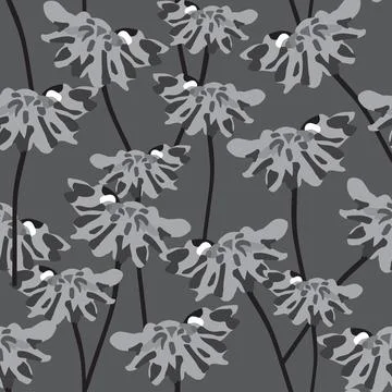 Seamless plants pattern background with balck and whiteblooming flowers , gre Stock Illustration