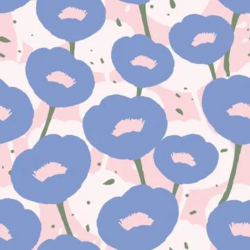 Seamless plants pattern background with blue and pink flowers , greeting card Stock Illustration
