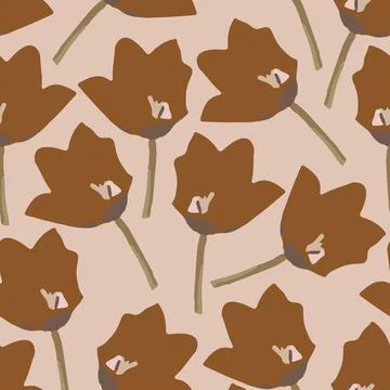 Seamless plants pattern background with brown hand drawn flowers , greeting c Stock Illustration