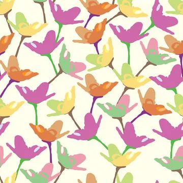 Seamless plants pattern background with colourful cute flowers , greeting car Stock Illustration