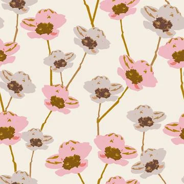 Seamless plants pattern background with cute hand drawn flowers , greeting ca Stock Illustration