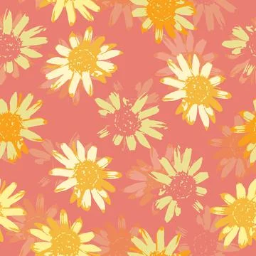Seamless plants pattern background with cute sunflowers , greeting card or fa Stock Illustration