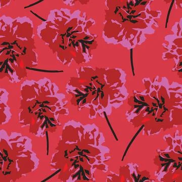 Seamless plants pattern background hand drawn red flowers , greeting card or  Stock Illustration