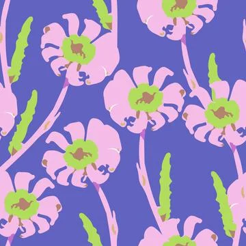 Seamless plants pattern background with hand drawn pink circle flowers , gree Stock Illustration