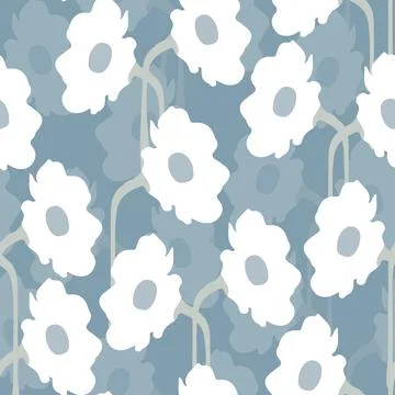 Seamless plants pattern background with hand drawn white flowers , greeting c Stock Illustration