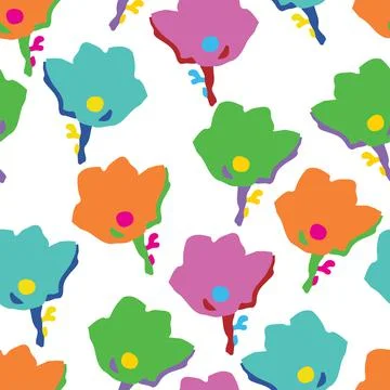 Seamless plants pattern background with kids hand drawn flowers , greeting ca Stock Illustration
