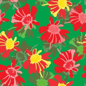 Seamless plants pattern background with mixed red daisy , greeting card or fa Stock Illustration