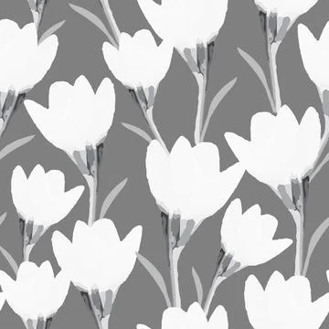 Seamless plants pattern background with monochrome blooms , greeting card or  Stock Illustration