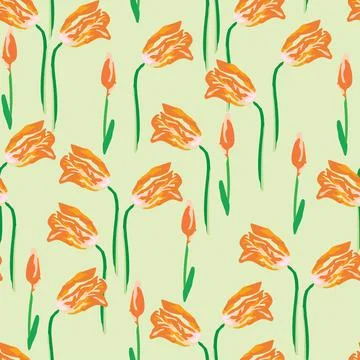Seamless plants pattern background with orange tulip flowers , greeting card  Stock Illustration