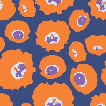 Seamless plants pattern background with orange doodle flowers , greeting card Stock Illustration
