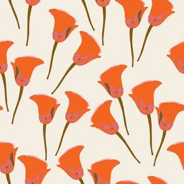 Seamless plants pattern background with orange flowers , greeting card or fab Stock Illustration