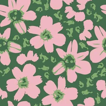 Seamless plants pattern background with pink and green flowers , greeting car Stock Illustration