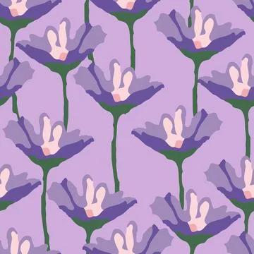 Seamless plants pattern background with purple flowers , greeting card or fab Stock Illustration