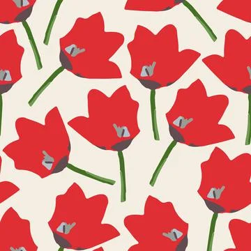 Seamless plants pattern background with red hand drawn flowers , greeting car Stock Illustration