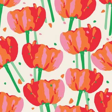 Seamless plants pattern background with set of tulips , greeting card or fabr Stock Illustration
