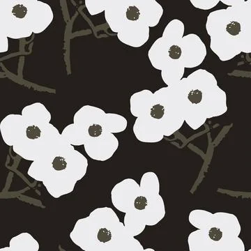 Seamless plants pattern background with simple white flowers , greeting card  Illustrazione stock