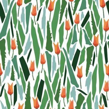 Seamless plants pattern background with tulips in green fields , greeting car Stock Illustration