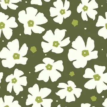 Seamless plants pattern background with white cute flowers , greeting card or Stock Illustration