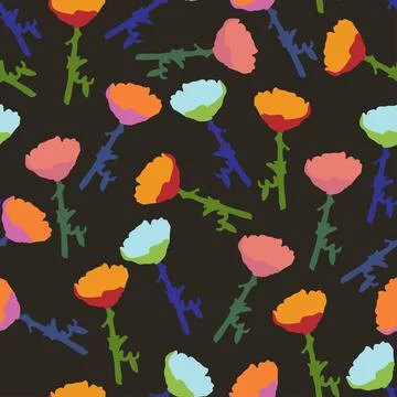 Seamless plants pattern on black background with mixed simple flowers , greet Stock Illustration