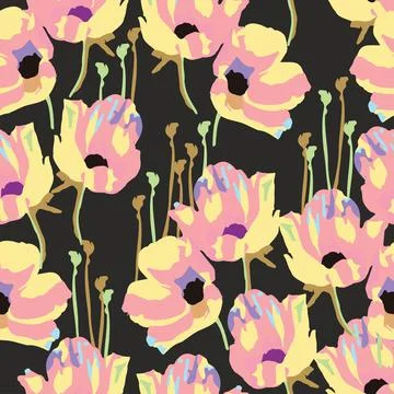 Seamless plants pattern on black background with colouful flowers , greeting  Stock Illustration