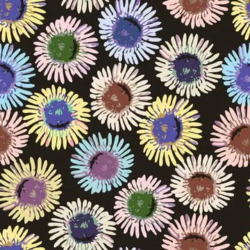 Seamless plants pattern on black background with doodle hand drawn flowers ,  Stock Illustration