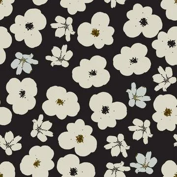 Seamless plants pattern on black background with doodle flowers , greeting .. Stock Illustration
