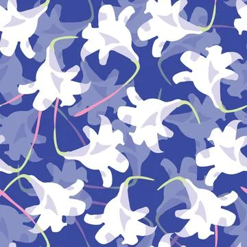 Seamless plants pattern on blue background with white flowers , greeting card Stock Illustration