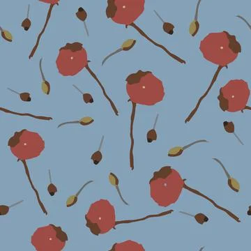 Seamless plants pattern on blue background with red flowers , greeting card o Illustrazione stock