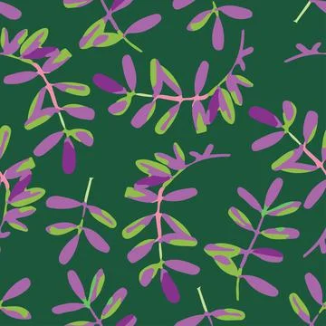 Seamless plants pattern on green background with mixed leaves , greeting card Illustrazione stock