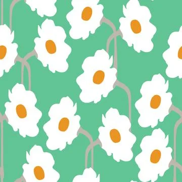 Seamless plants pattern on green background with hand drawn white flowers , g Stock Illustration