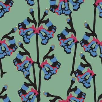 Seamless plants pattern on green background with tree and flowers , greeting  Stock Illustration