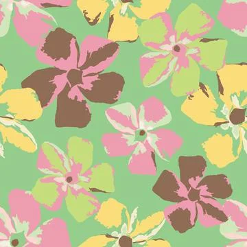 Seamless plants pattern on green background with pastel flowers , greeting ca Stock Illustration