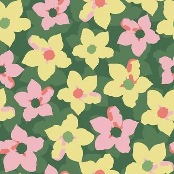 Seamless plants pattern on green background with little flower , greeting car Stock Illustration