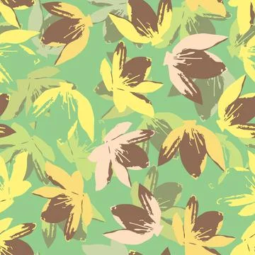 Seamless plants pattern on green background with falling flowers , greeting c Stock Illustration