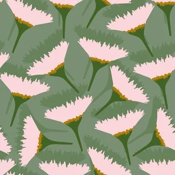 Seamless plants pattern on green background with hand drawn pink flowers , gr Stock Illustration