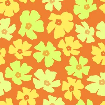 Seamless plants pattern on orange background with mixed cute flowers , greeti Stock Illustration