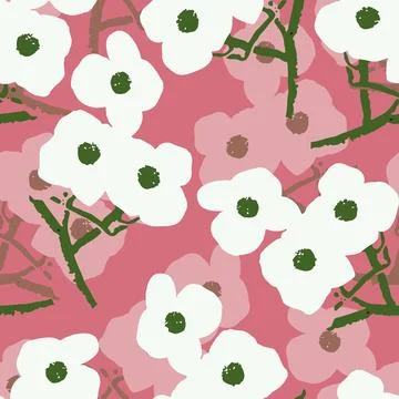 Seamless plants pattern on pink background with flowers , greeting card or fa Stock Illustration