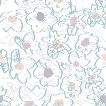 Seamless plants pattern on white background with mixed pastel flowers , gre.. Stock Illustration