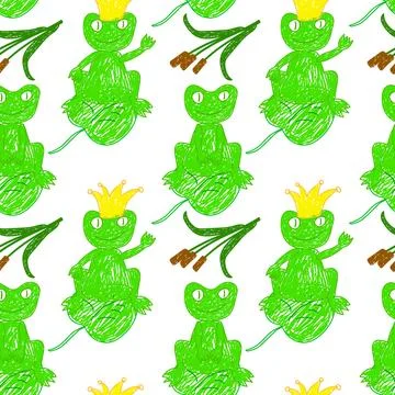 Seamless playful frog pattern with reeds and crowns Stock Illustration