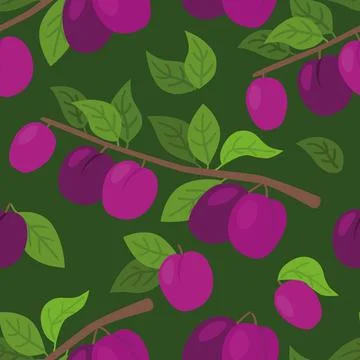Seamless Plum Harvest Pattern with dark green background Stock Illustration