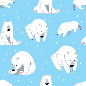 Seamless Polar Bear Pattern with Blue Background, Cute Bear Cartoon Vector Illustrazione stock