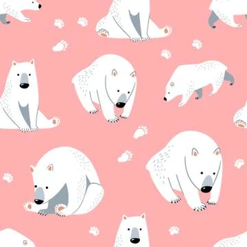 Seamless Polar Bear Pattern with Pink Background, Cute Bear Cartoon Vector Illustrazione stock