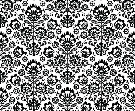 Seamless Polish folk art pattern in black and white - wzory lowickie, wycinanki Stock Illustration