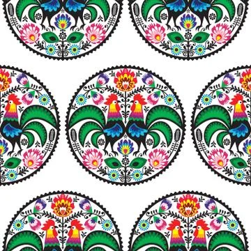 Seamless Polish folk art pattern with roosters - wzory lowickie, wycinanki Stock Illustration